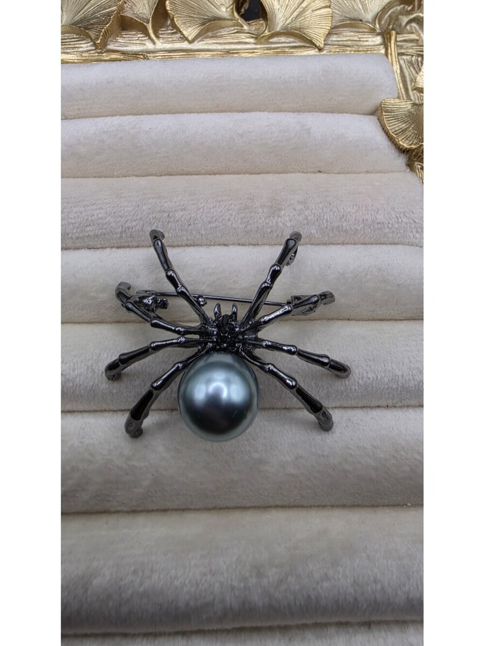 Black Spider Brooch with Large Pearl Accent